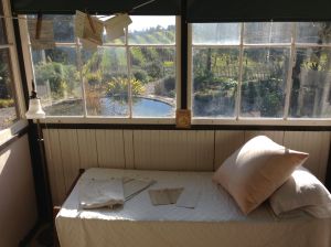 Jack London slept in a small enclosed porch because he smoked all day and all night - his wife slept in an adjacent porch, much larger than Jack's.